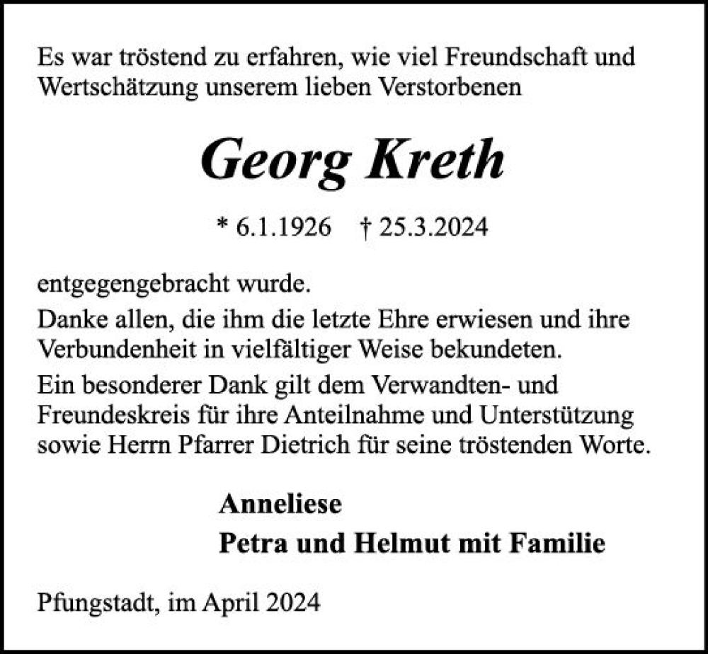  Traueranzeige für Georg Kreth vom 20.04.2024 aus Darmstädter Echo