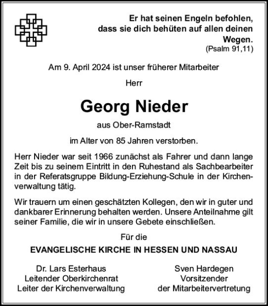 Traueranzeige von Georg Nieder von Darmstädter Echo
