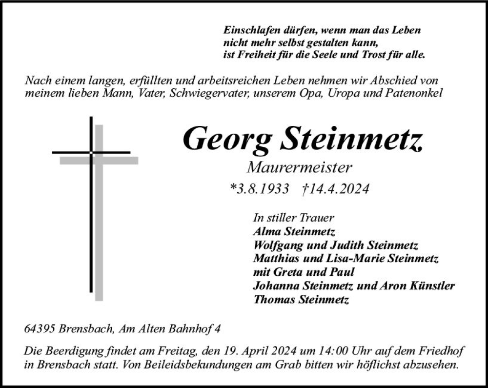  Traueranzeige für Georg Steinmetz vom 17.04.2024 aus Odenwälder Echo