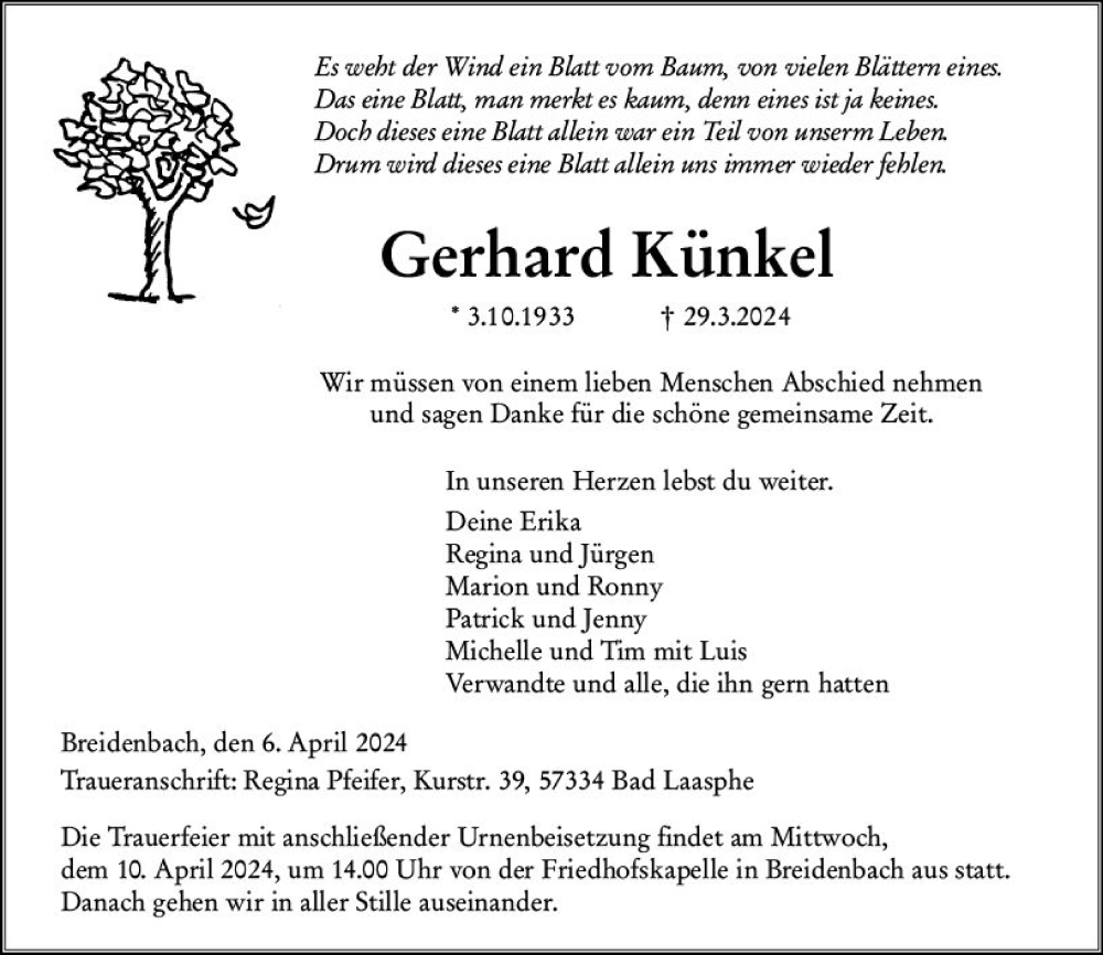  Traueranzeige für Gerhard Künkel vom 06.04.2024 aus Hinterländer Anzeiger