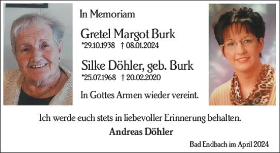 Traueranzeige von Gretel Margot Burk von Hinterländer Anzeiger