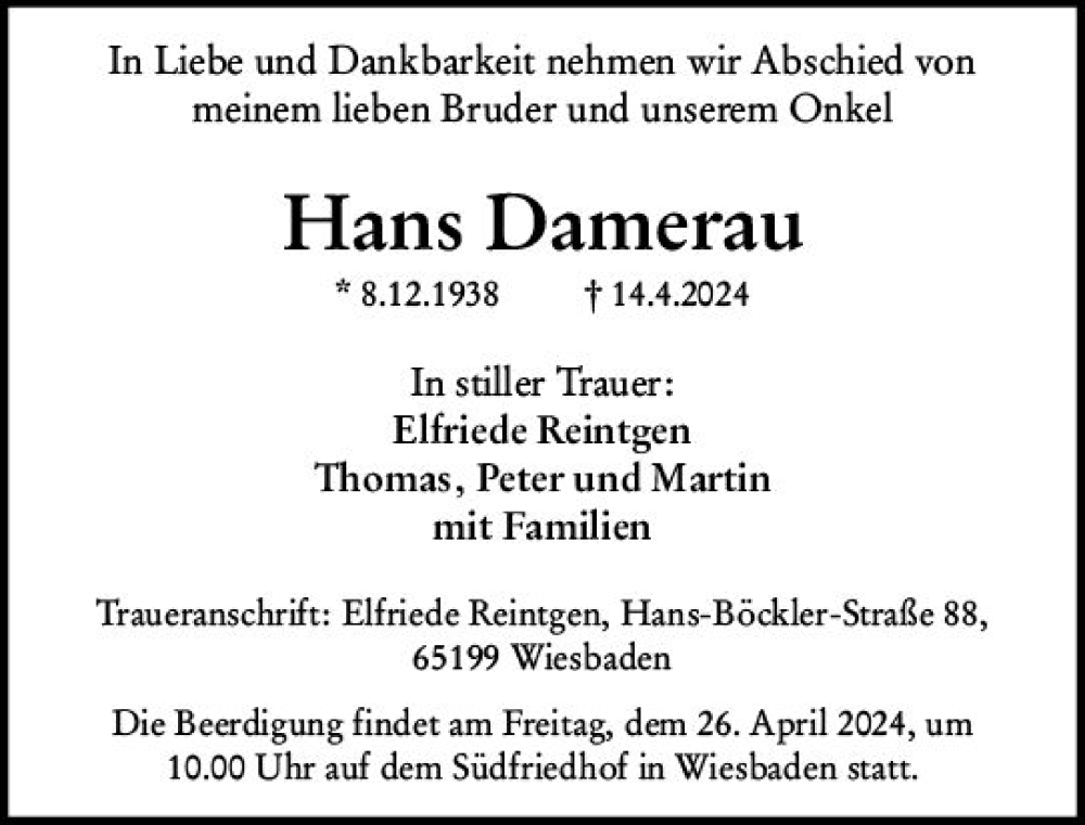  Traueranzeige für Hans Damerau vom 20.04.2024 aus Wiesbadener Kurier