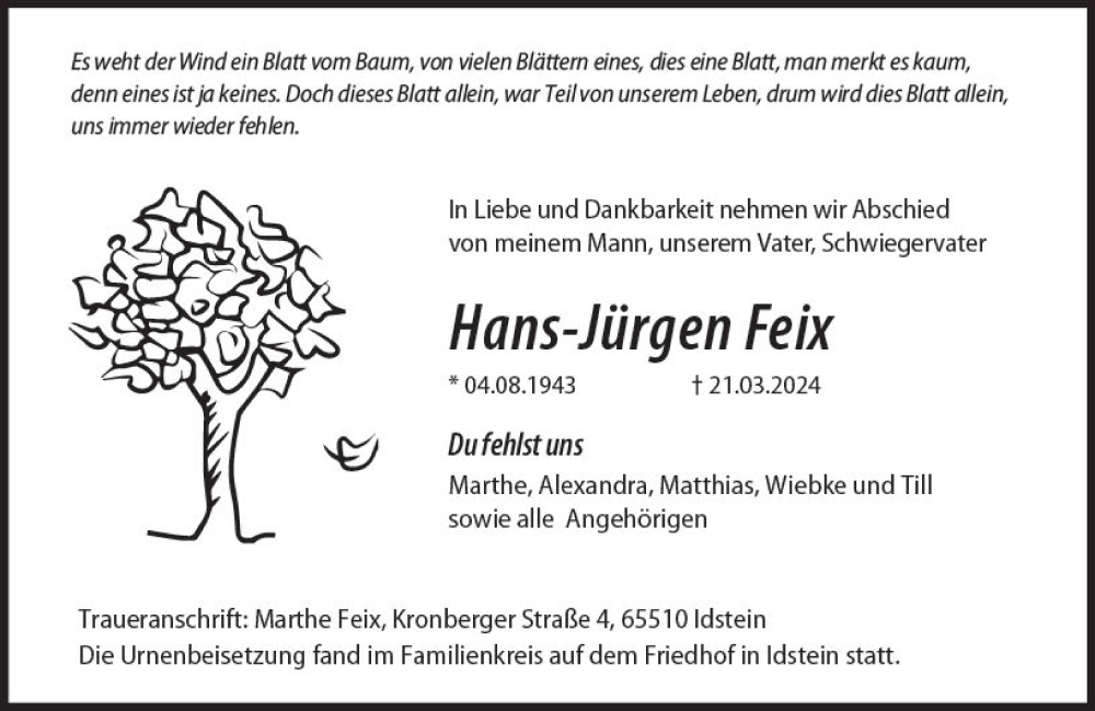  Traueranzeige für Hans-Jürgen Feix vom 13.04.2024 aus Idsteiner Land/Untertaunus