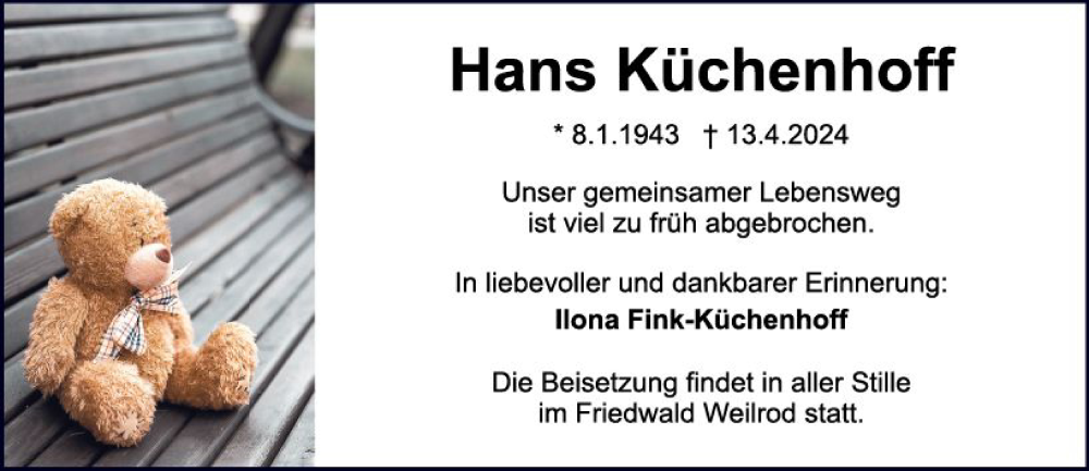  Traueranzeige für Hans Küchenhoff vom 20.04.2024 aus Darmstädter Echo