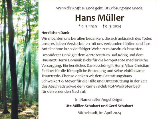 Traueranzeige von Hans Müller von Odenwälder Echo