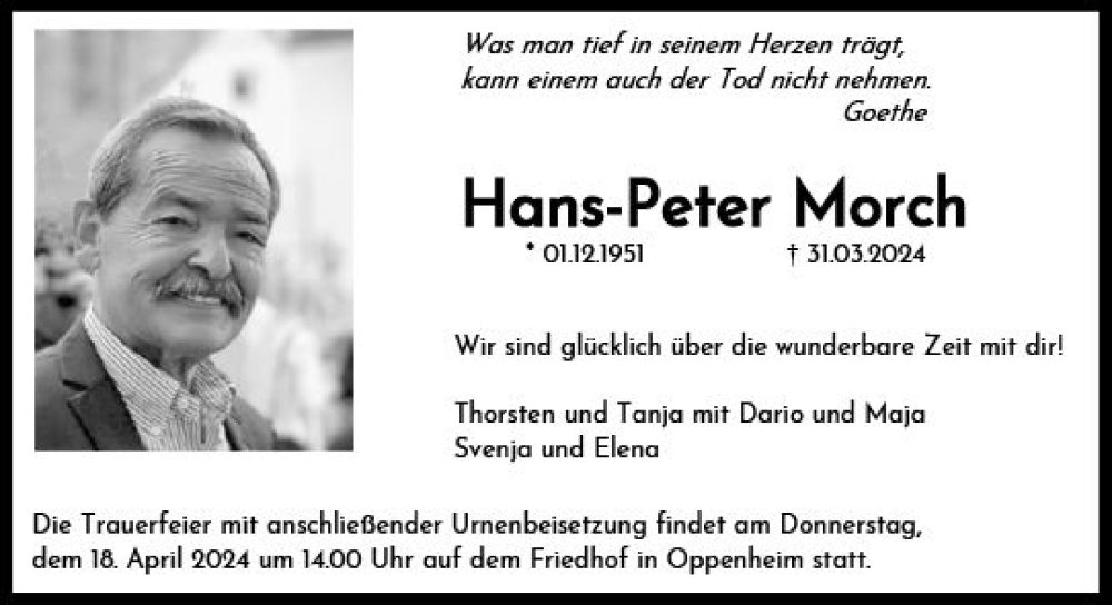  Traueranzeige für Hans-Peter Morch vom 13.04.2024 aus Allgemeine Zeitung Mainz