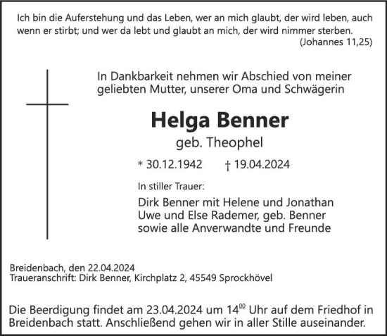 Traueranzeige von Helga Benner von Hinterländer Anzeiger