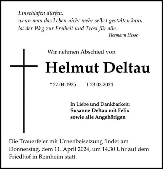 Traueranzeige von Helmut Deltau von Darmstädter Echo