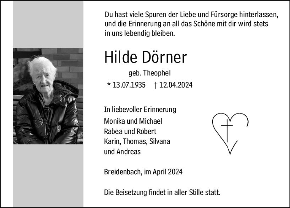  Traueranzeige für Hilde Dörner vom 20.04.2024 aus Hinterländer Anzeiger