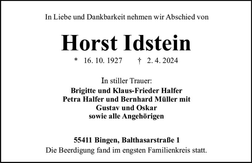 Traueranzeige für Horst Idstein vom 20.04.2024 aus Allgemeine Zeitung Bingen/Ingelheim