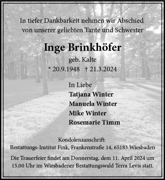 Traueranzeige von Inge Brinkhöfer von Wiesbadener Kurier