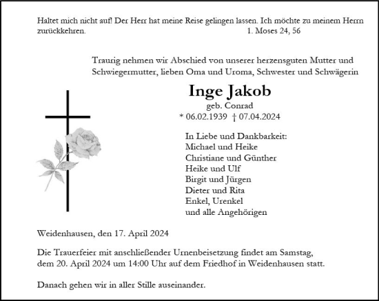 Traueranzeige von Inge Jakob von Hinterländer Anzeiger