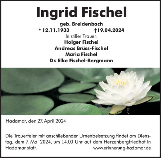 Traueranzeige von Ingrid Fischel von Nassauische Neue Presse