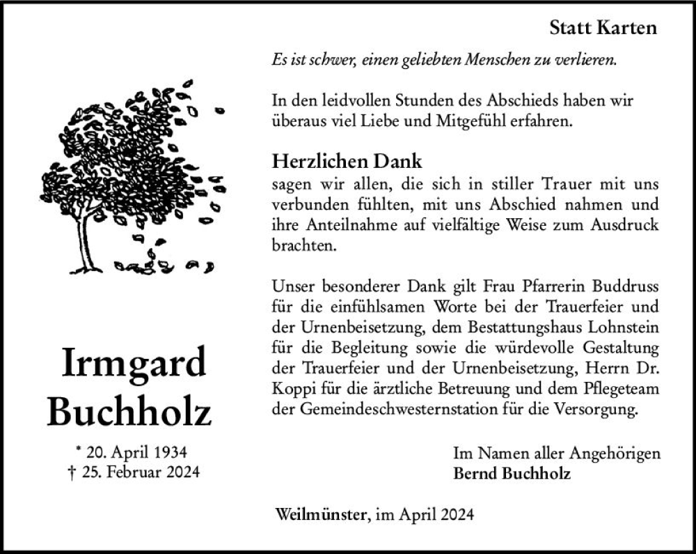  Traueranzeige für Irmgard Buchholz vom 13.04.2024 aus Weilburger Tageblatt