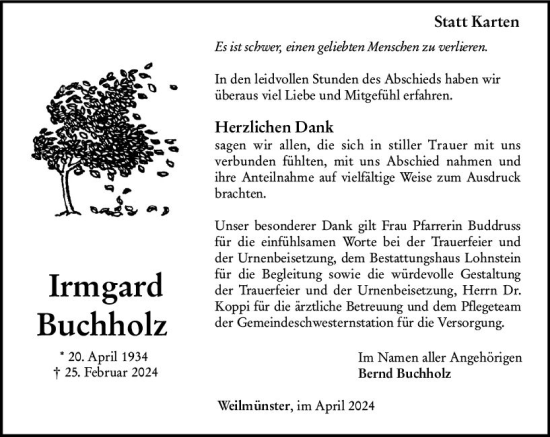 Traueranzeige von Irmgard Buchholz von Weilburger Tageblatt