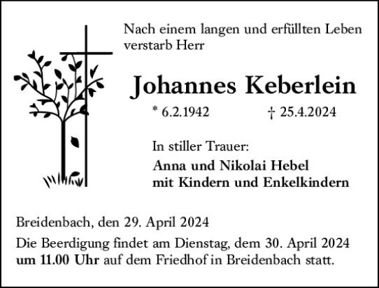 Traueranzeige von Johannes Keberlein von Hinterländer Anzeiger