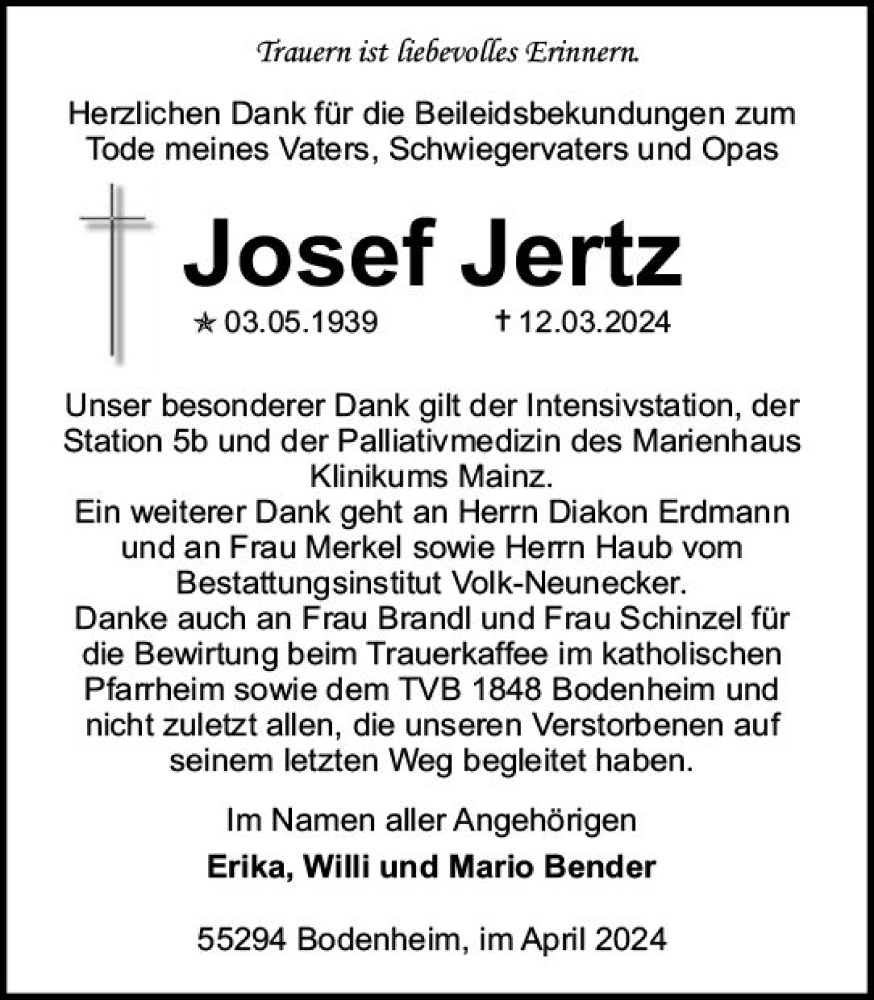  Traueranzeige für Josef Jertz vom 13.04.2024 aus Allgemeine Zeitung Mainz