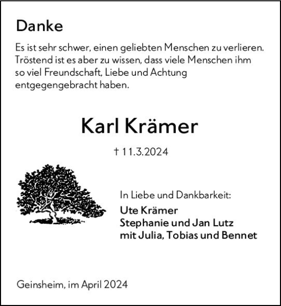 Traueranzeige von Karl Krämer von Groß-Gerauer Echo