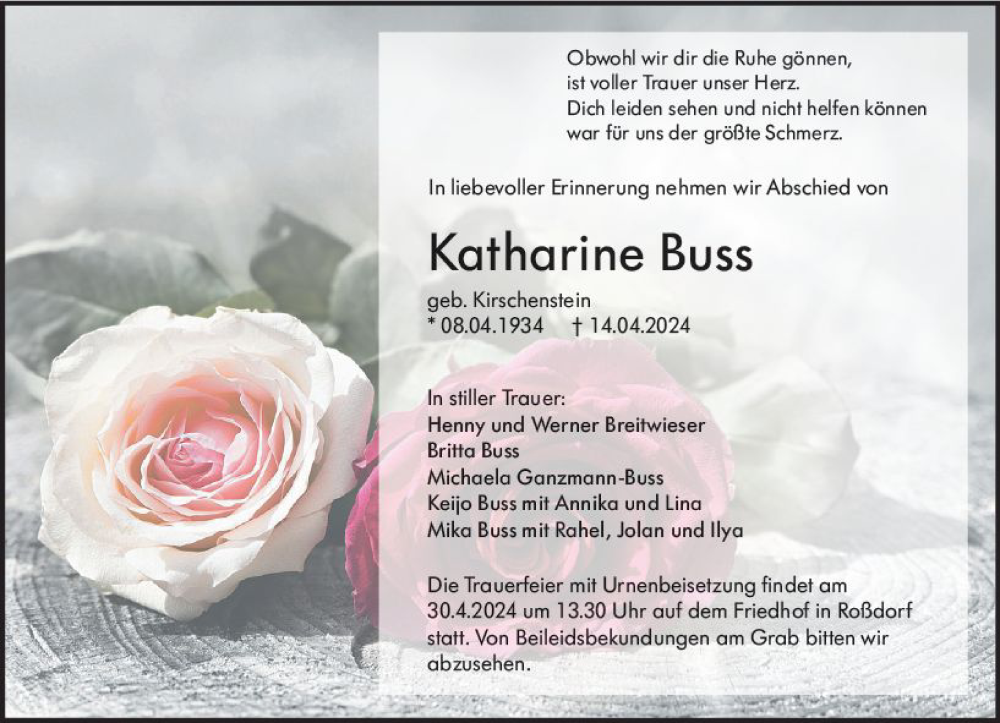  Traueranzeige für Katharine Buss vom 20.04.2024 aus Darmstädter Echo