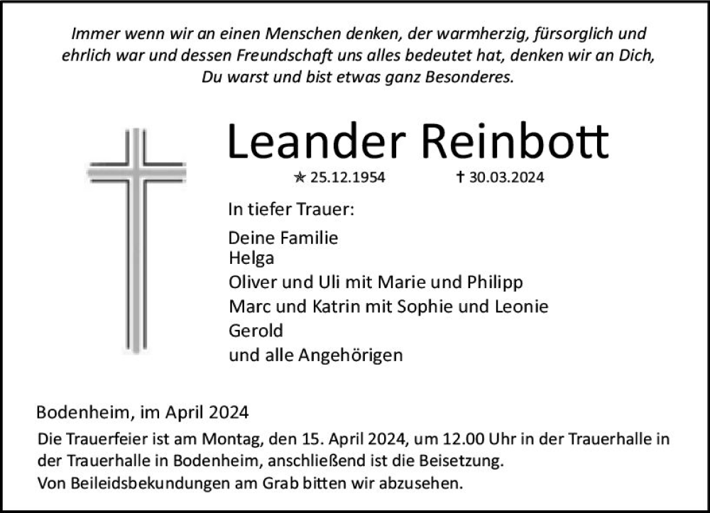  Traueranzeige für Leander Reinbott vom 10.04.2024 aus Allgemeine Zeitung Mainz