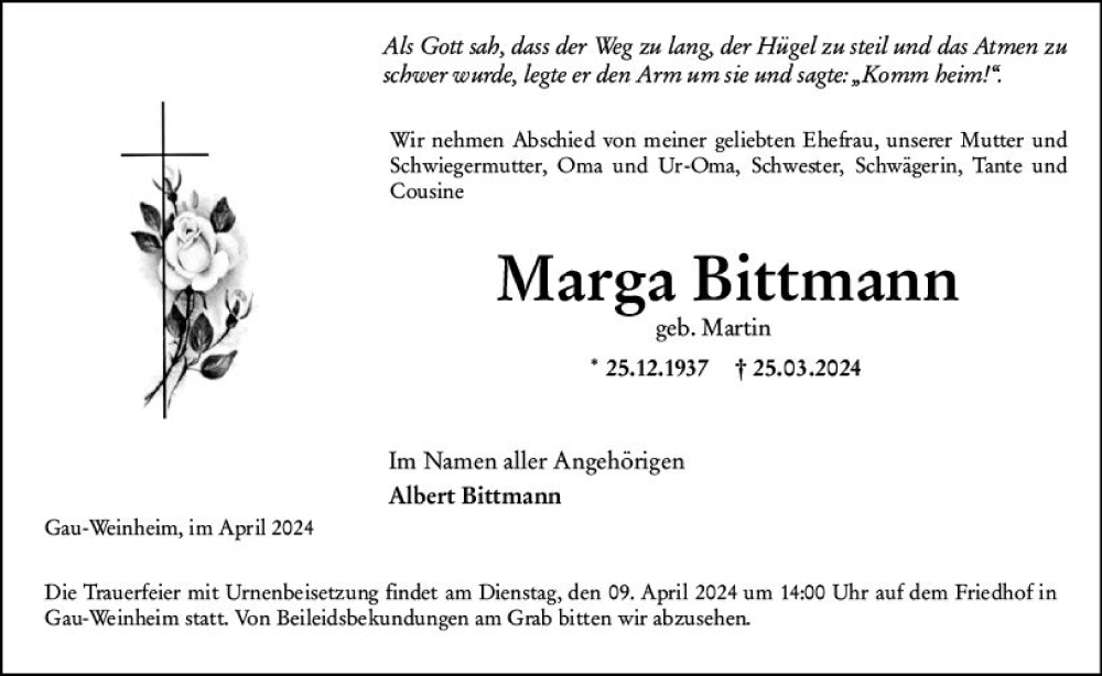  Traueranzeige für Marga Bittmann vom 06.04.2024 aus Allgemeine Zeitung Alzey
