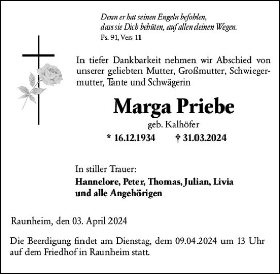 Traueranzeige von Marga Priebe von Rüsselsheimer Echo