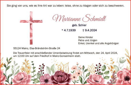Traueranzeige von Marianne Schmidt von Allgemeine Zeitung Mainz