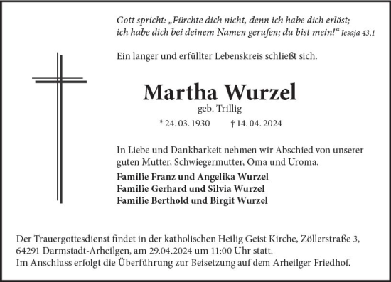 Traueranzeige von Martha Wurzel von Darmstädter Echo