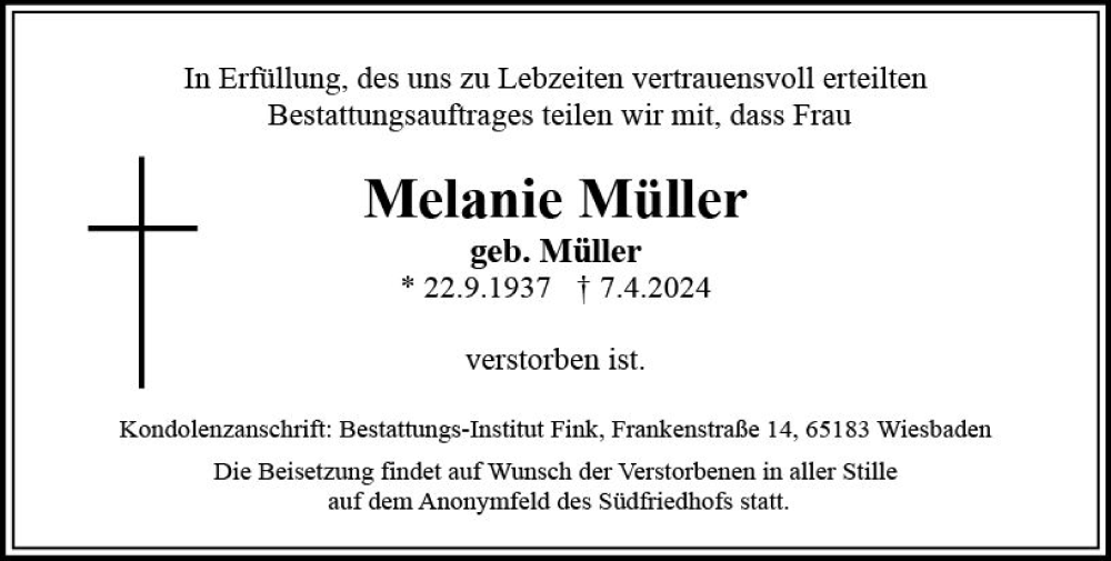  Traueranzeige für Melanie Müller vom 27.04.2024 aus Wiesbadener Kurier