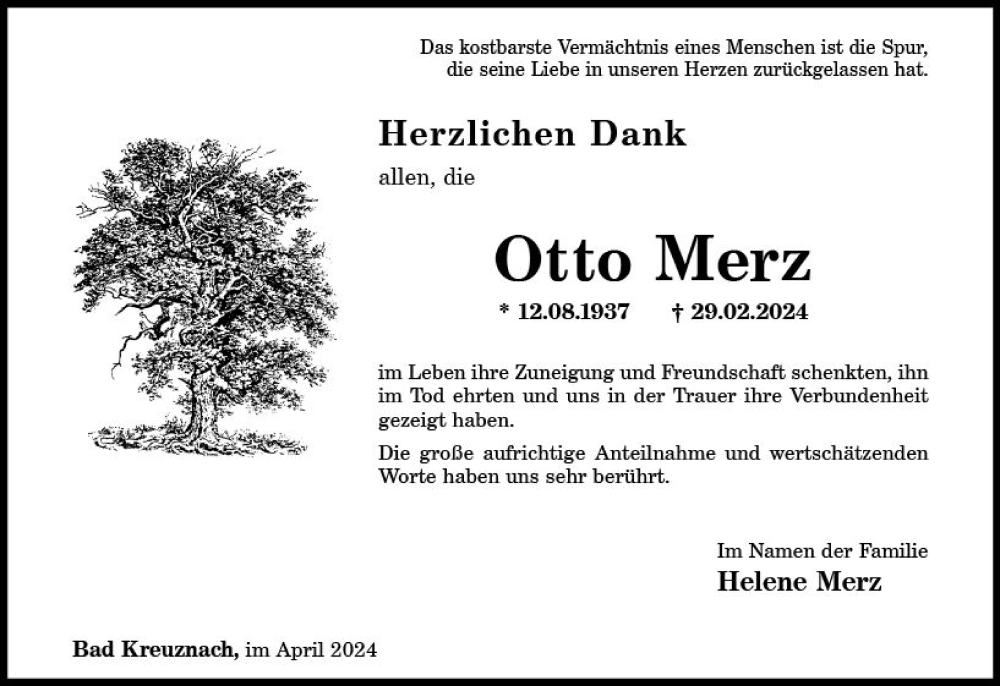  Traueranzeige für Otto Merz vom 27.04.2024 aus Allgemeine Zeitung Bad Kreuznach