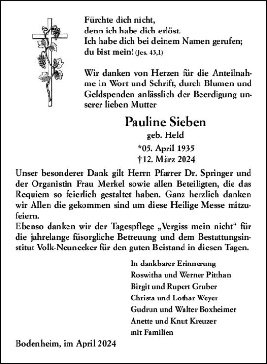 Traueranzeige von Pauline Sieben von Allgemeine Zeitung Mainz