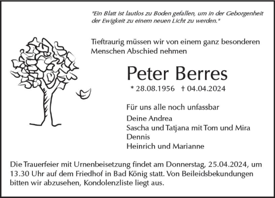 Traueranzeige von Peter Berres von Odenwälder Echo