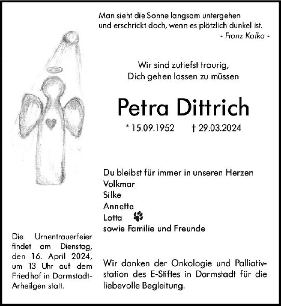  Traueranzeige für Petra Dittrich vom 06.04.2024 aus Darmstädter Echo