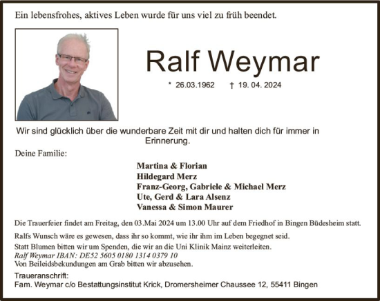 Traueranzeige von Ralf Weymar von Binger-/Ingelheimer Wochenblatt