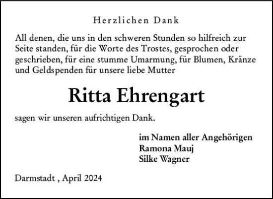 Traueranzeige von Ritta Ehrengart von Darmstädter Echo