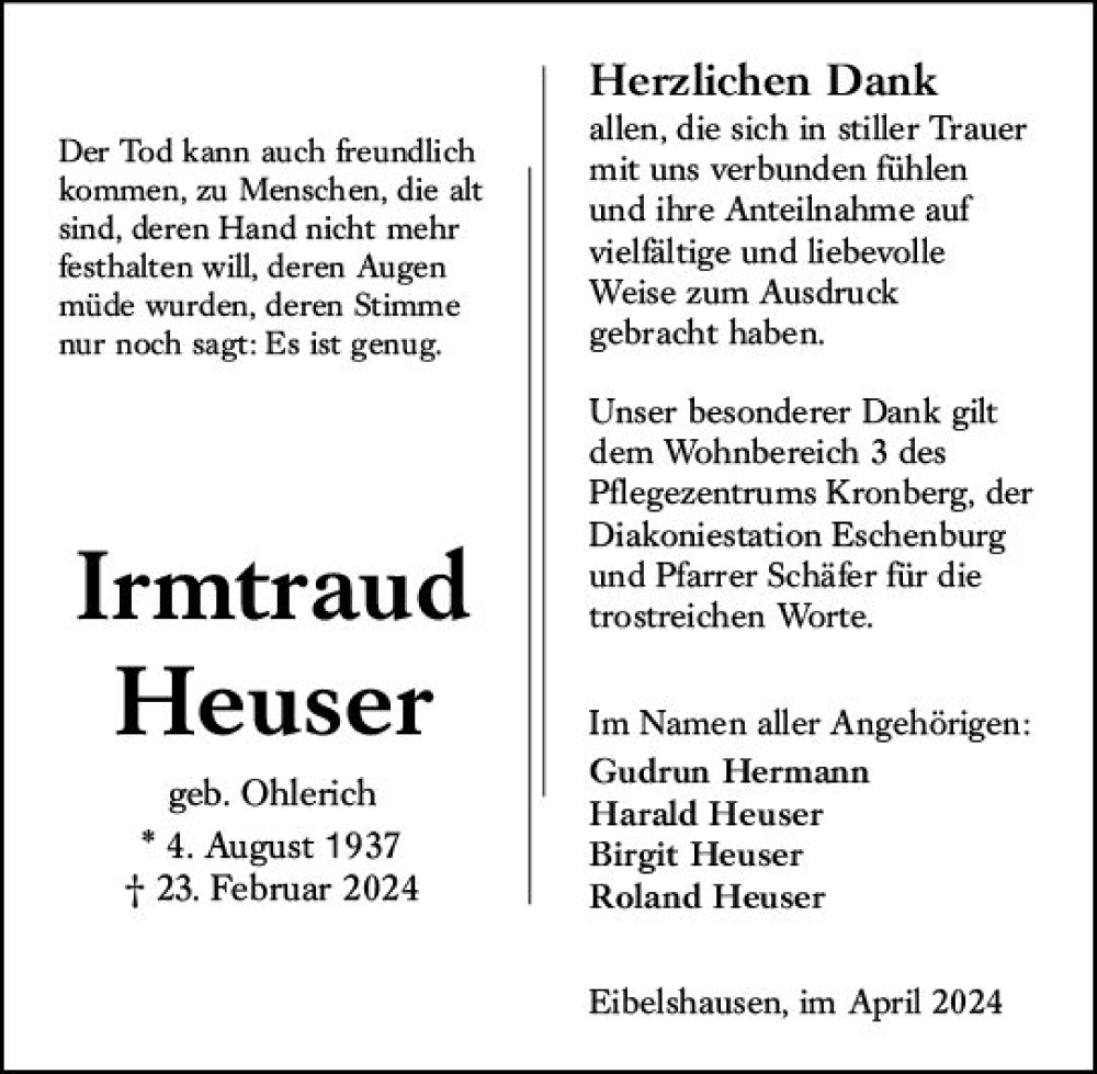  Traueranzeige für Irmtraud Heuser vom 06.04.2024 aus Dill Block