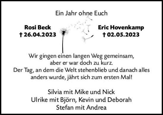 Traueranzeige von Rosi Beck von Hochheimer Zeitung