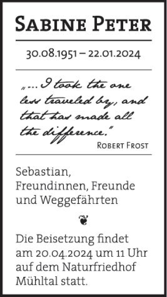  Traueranzeige für Sabine Peter vom 13.04.2024 aus Darmstädter Echo