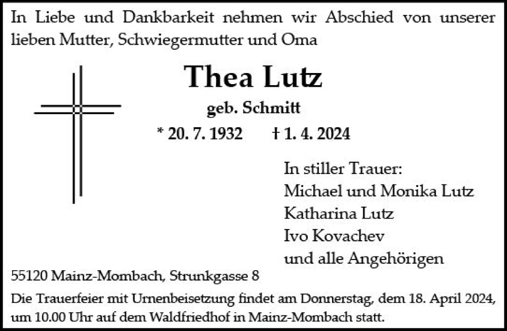  Traueranzeige für Thea Lutz vom 06.04.2024 aus Allgemeine Zeitung Mainz
