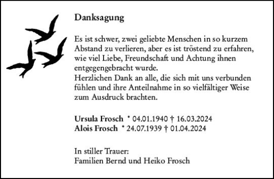 Traueranzeige von Ursula Frosch von Allgemeine Zeitung Bingen/Ingelheim