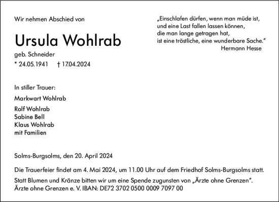 Traueranzeige von Ursula Wohlrab von Wetzlarer Neue Zeitung