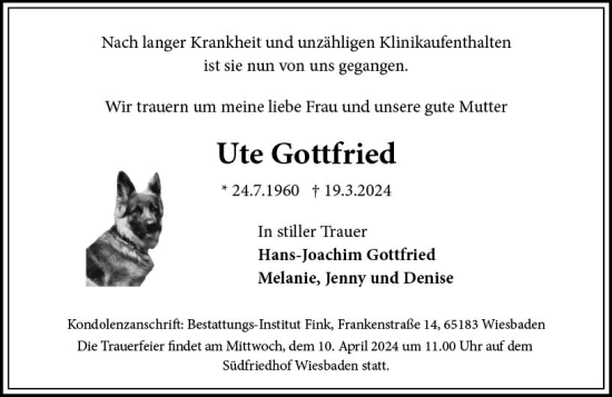 Traueranzeige von Ute Gottfried von Wiesbadener Kurier
