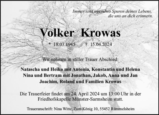 Traueranzeige von Volker Krowas von Binger-/Ingelheimer Wochenblatt