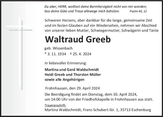 Traueranzeige von Waltraud Greeb von Dill Block
