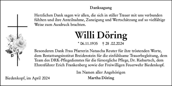 Traueranzeige von Willi Döring von Hinterländer Anzeiger