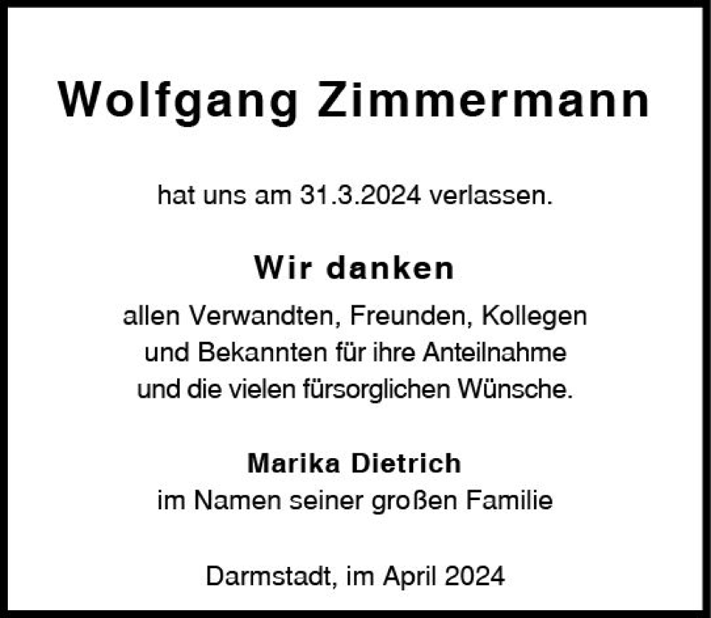  Traueranzeige für Wolfgang Zimmermann vom 27.04.2024 aus Darmstädter Echo