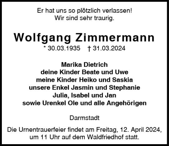 Traueranzeige von Wolfgang Zimmermann von Darmstädter Echo