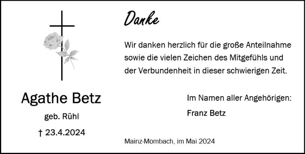  Traueranzeige für Agathe Betz vom 18.05.2024 aus Allgemeine Zeitung Mainz