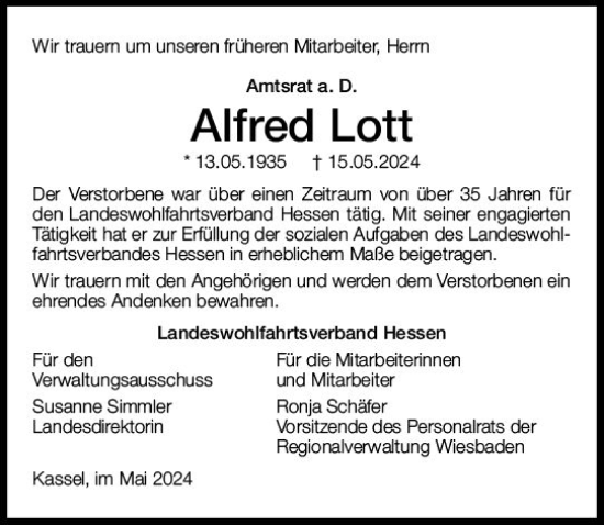Traueranzeige von Alfred Lott von Wiesbadener Kurier