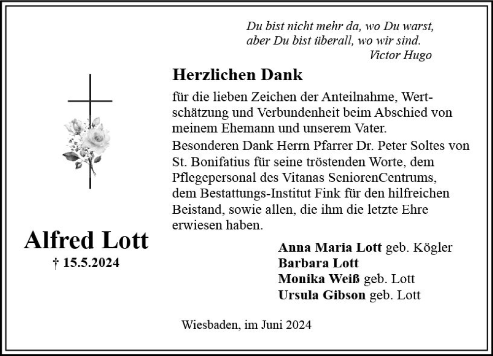  Traueranzeige für Alfred Lott vom 01.06.2024 aus Wiesbadener Kurier